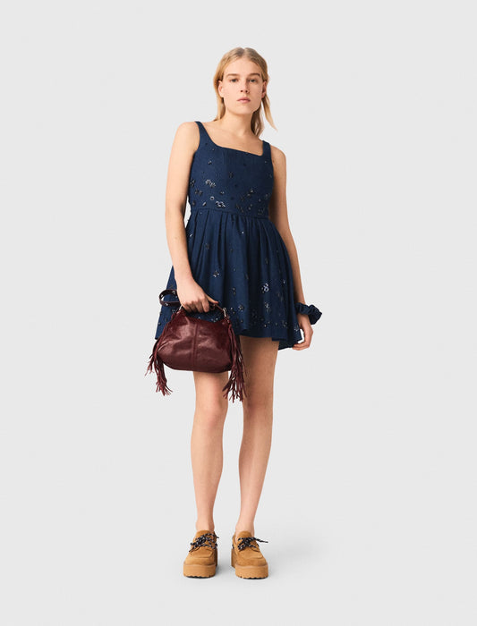 Maje Flared embroidered denim dress