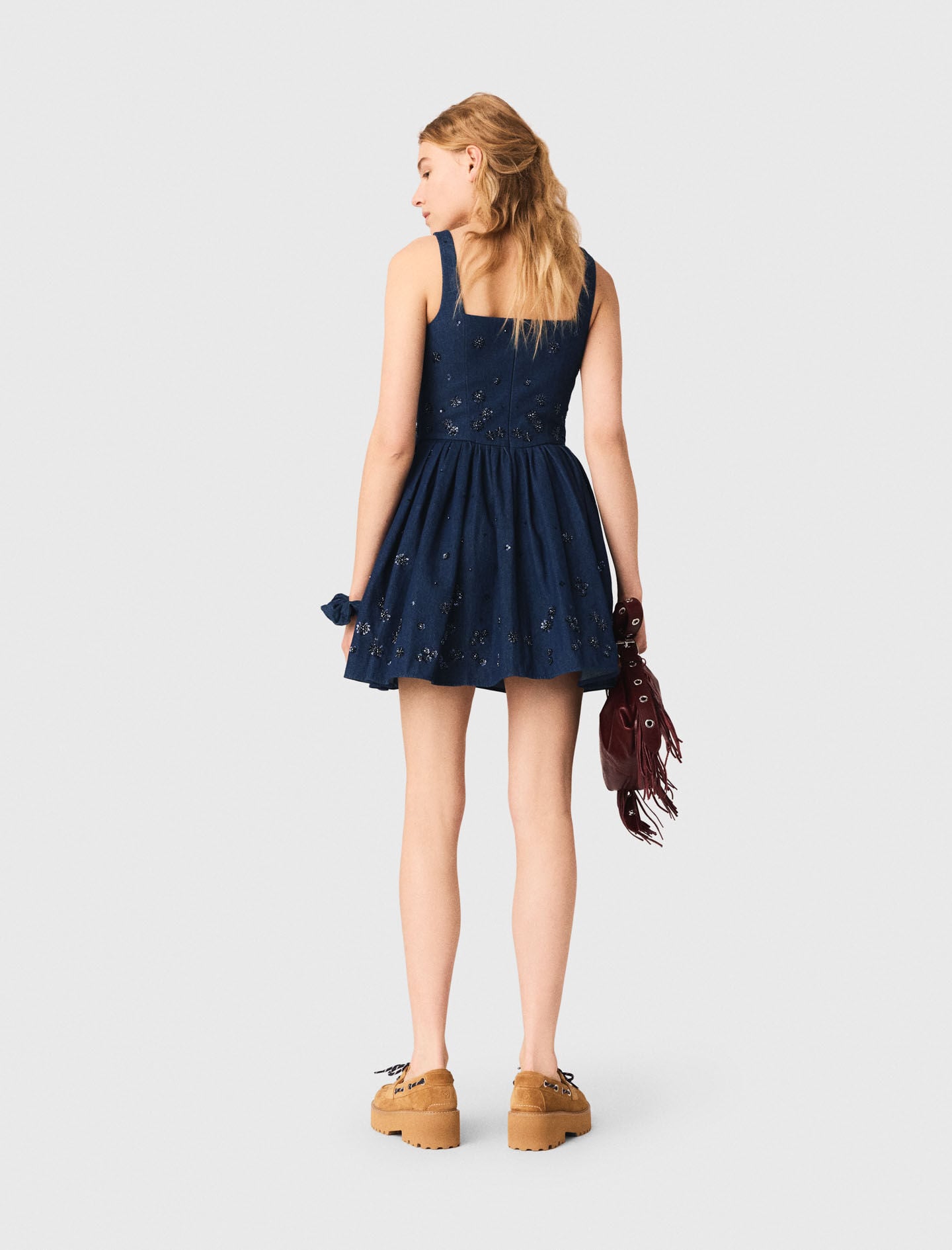 Maje Flared embroidered denim dress