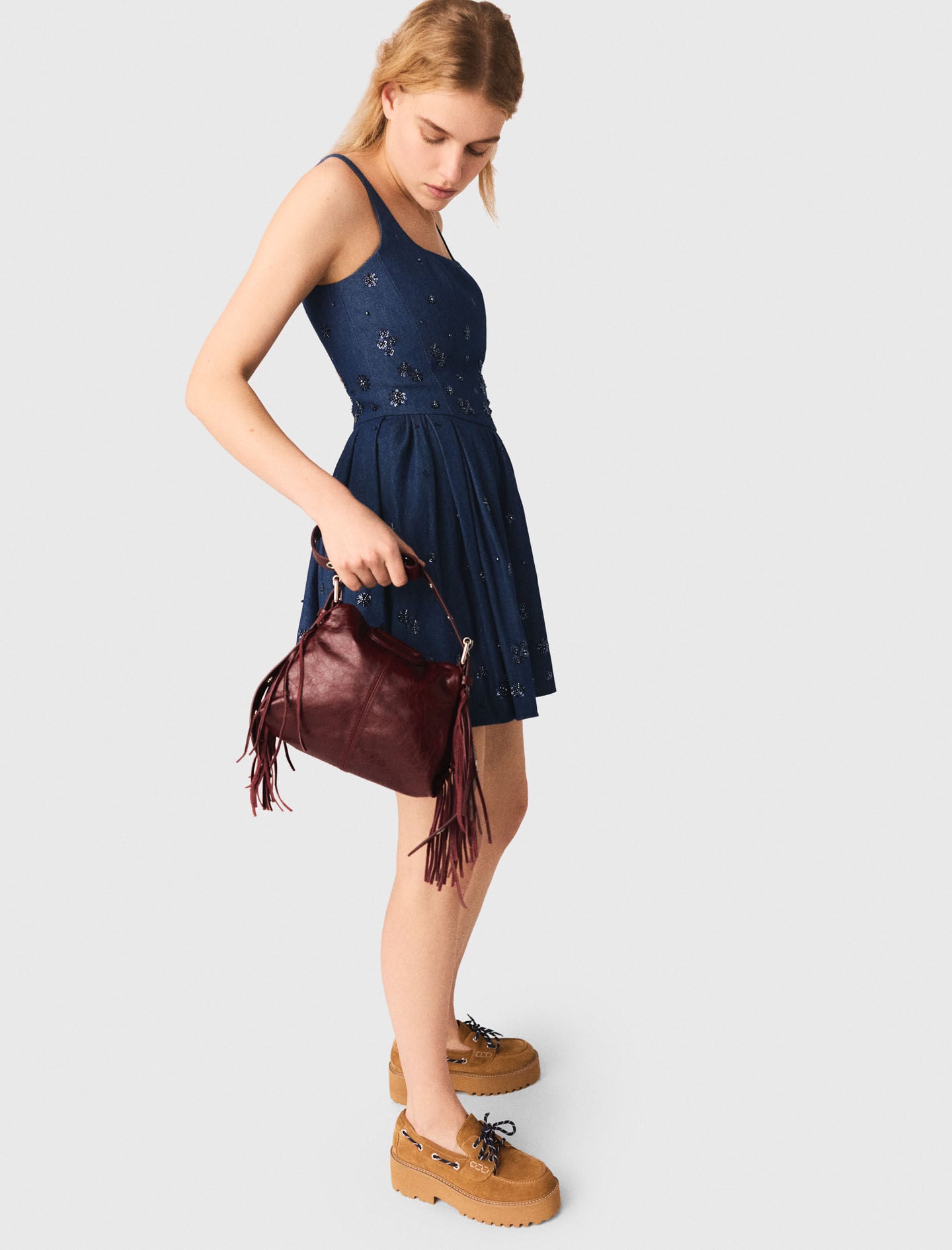 Maje Flared embroidered denim dress