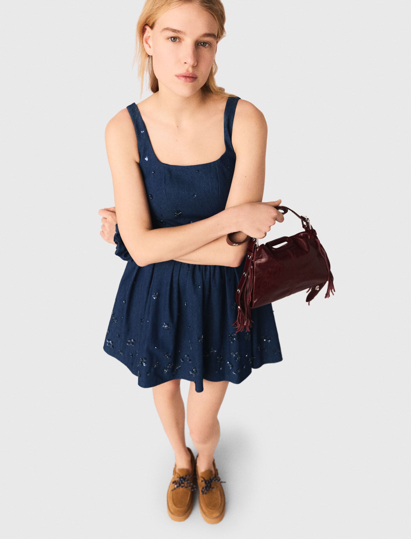 Maje Flared embroidered denim dress