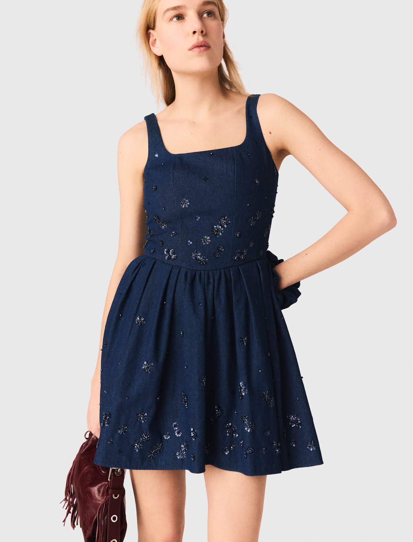 Maje Flared embroidered denim dress