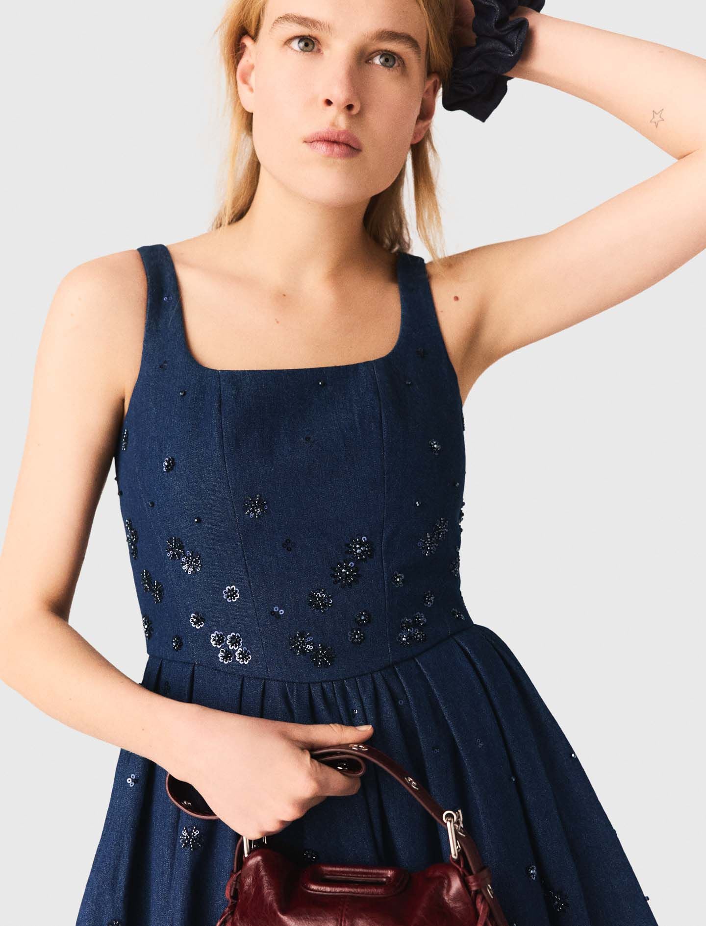 Maje Flared embroidered denim dress