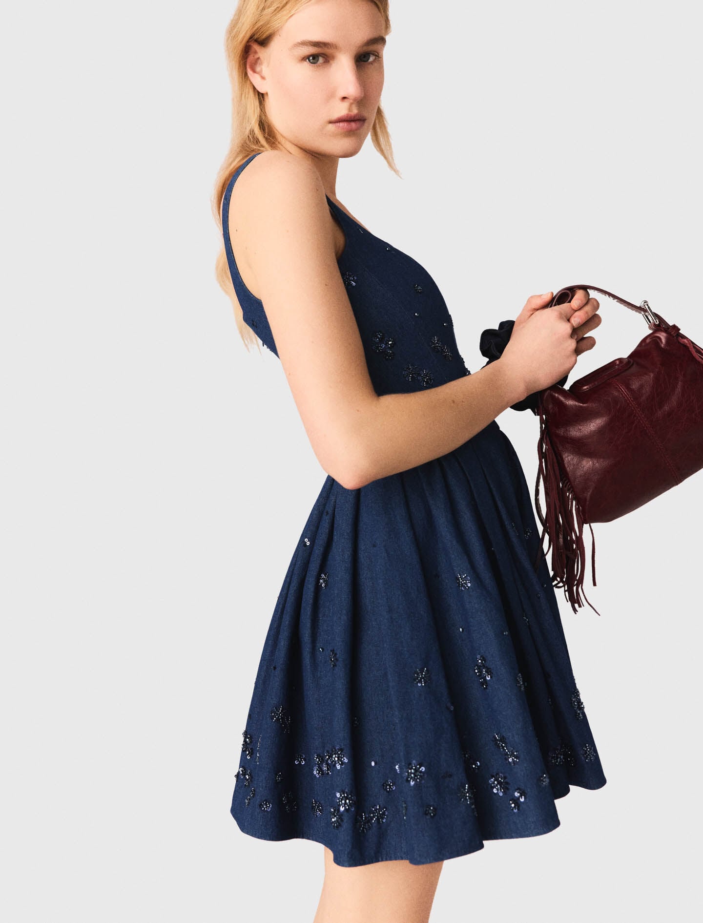 Maje Flared embroidered denim dress
