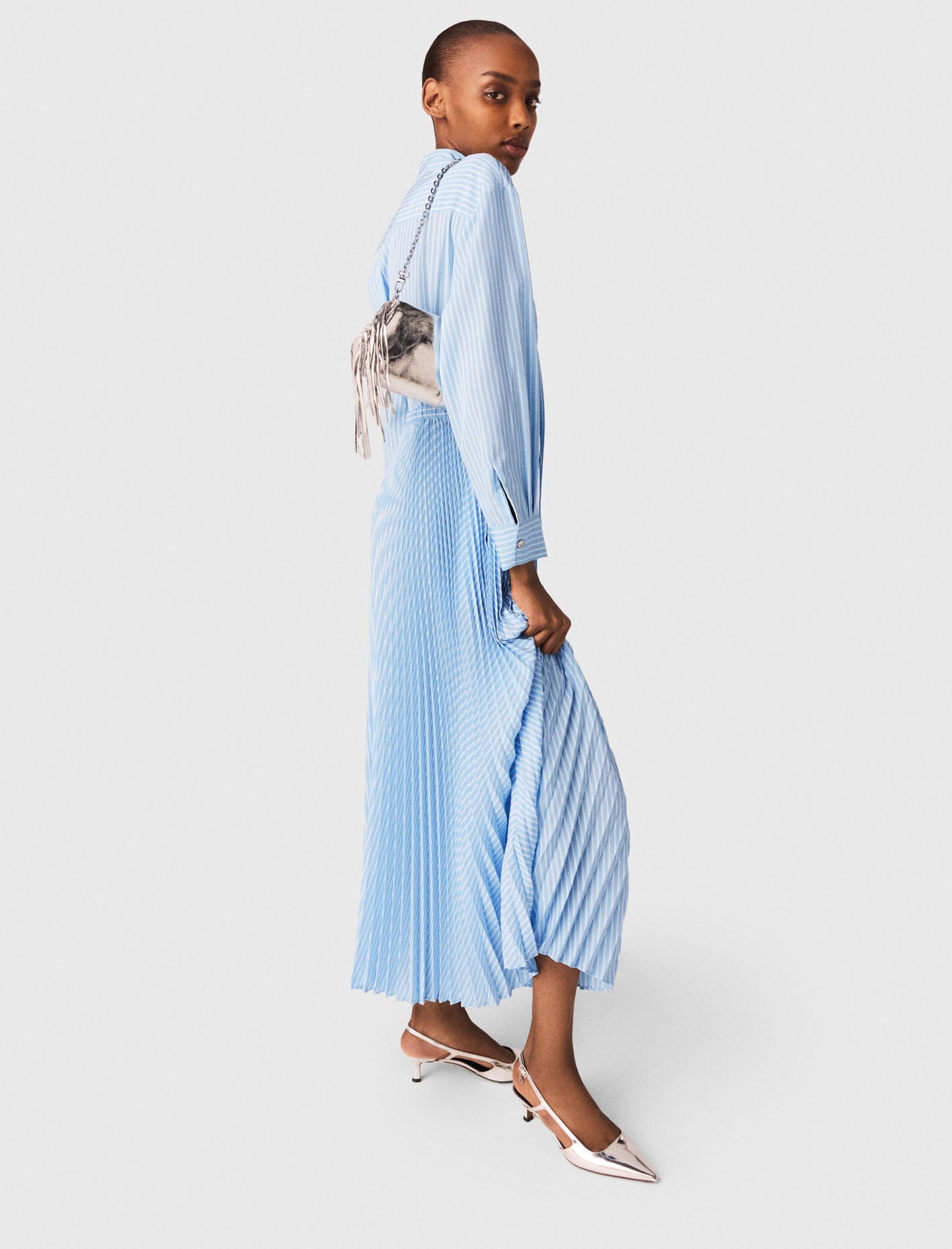 Maje Long pleated dress with eyelets