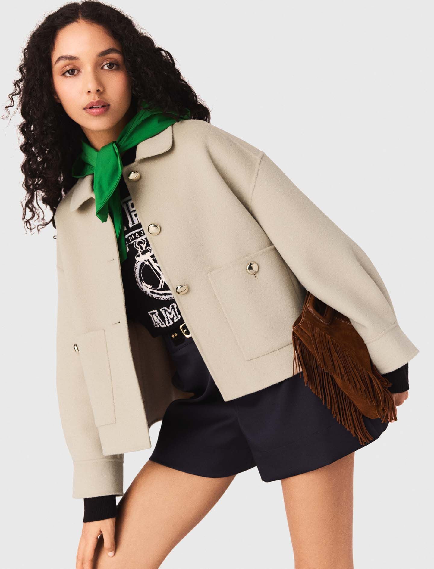 Maje Cropped wool jacket with pleated back