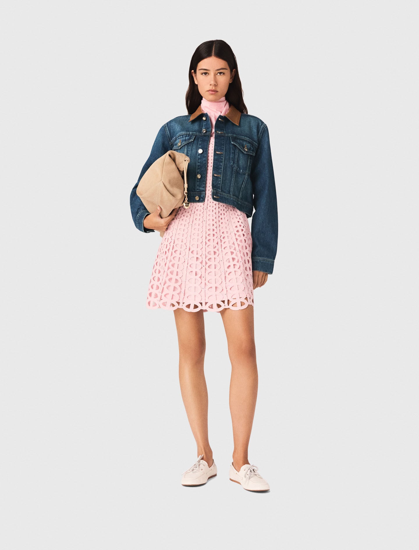 Maje Denim jacket with leather collar