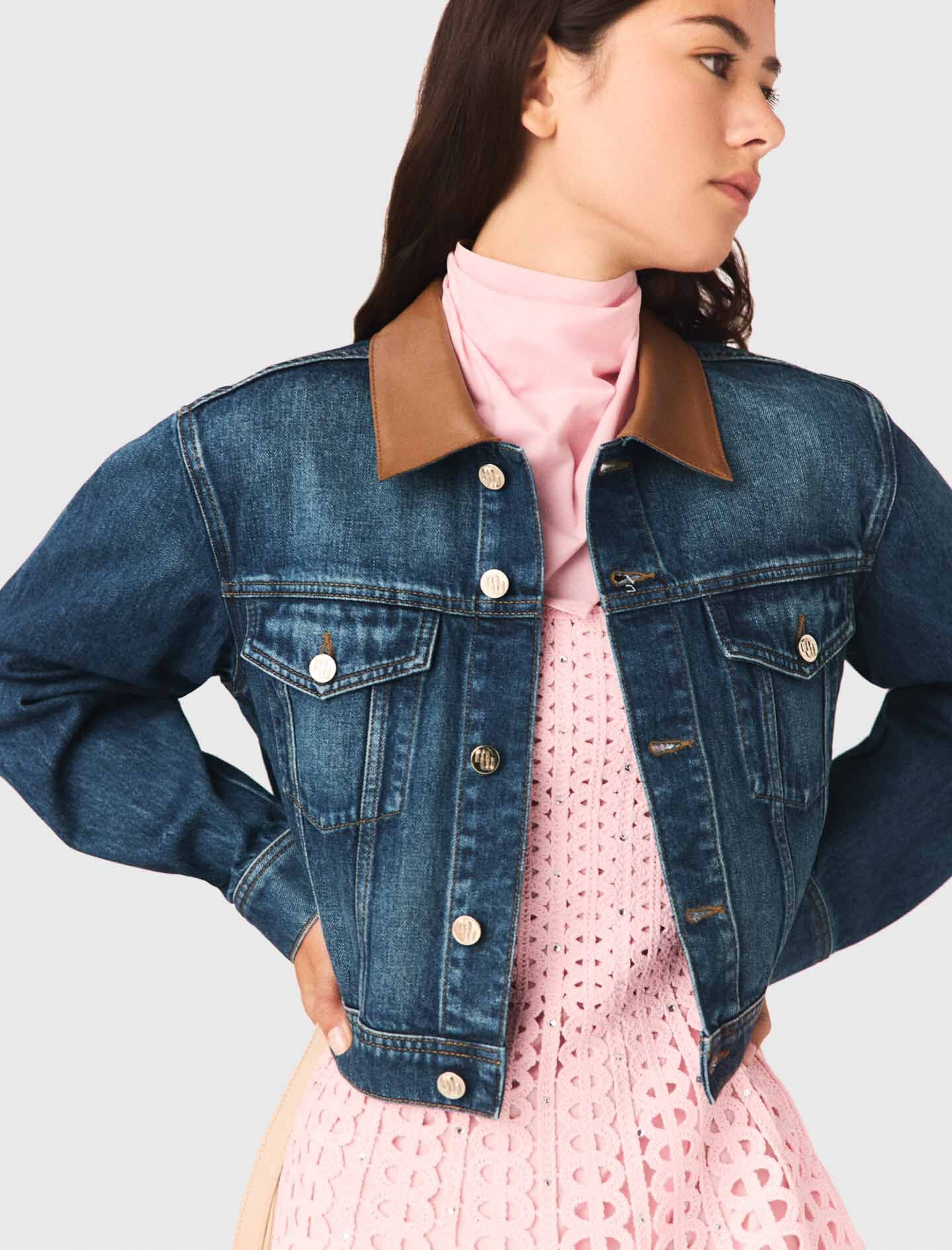 Maje Denim jacket with leather collar