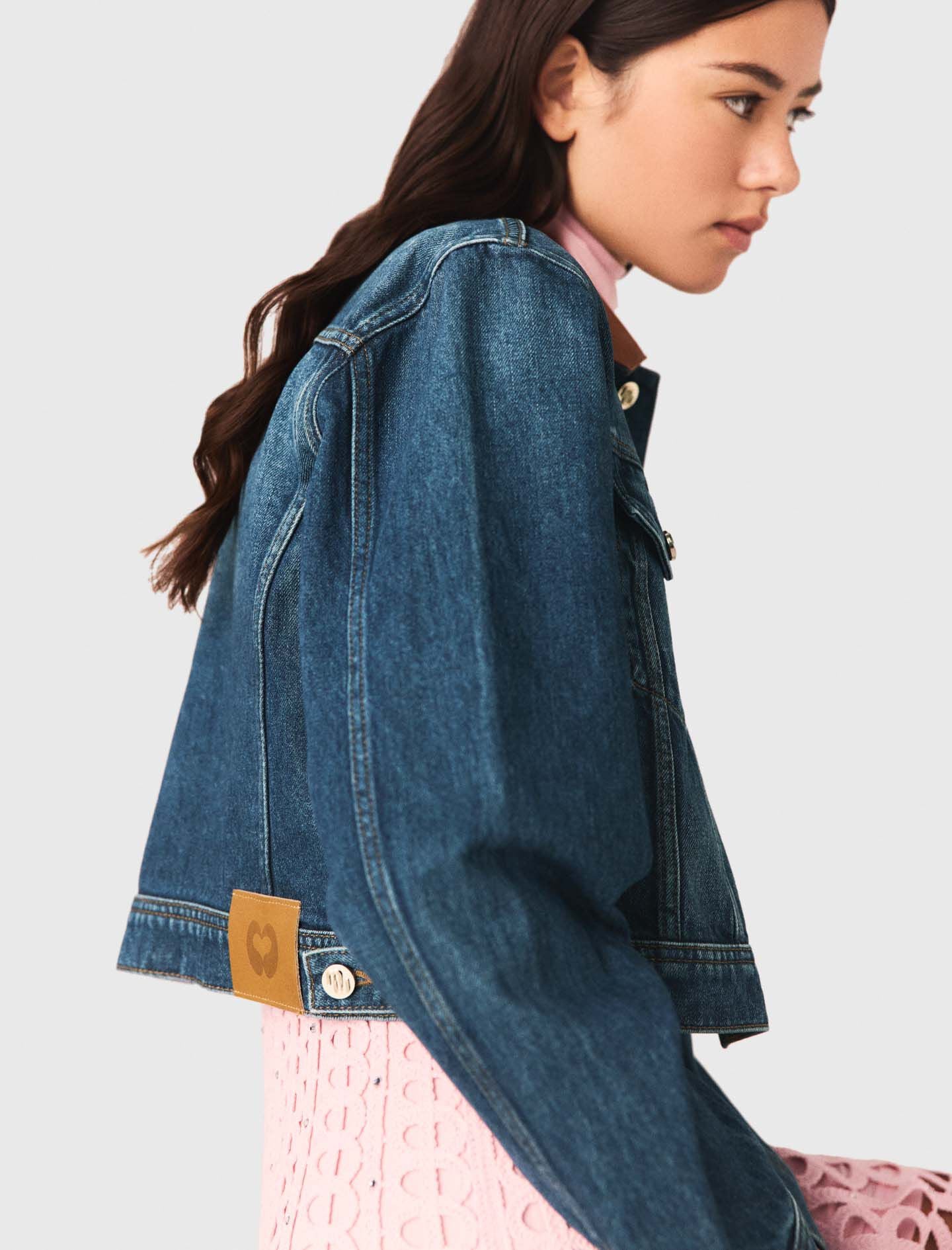 Maje Denim jacket with leather collar