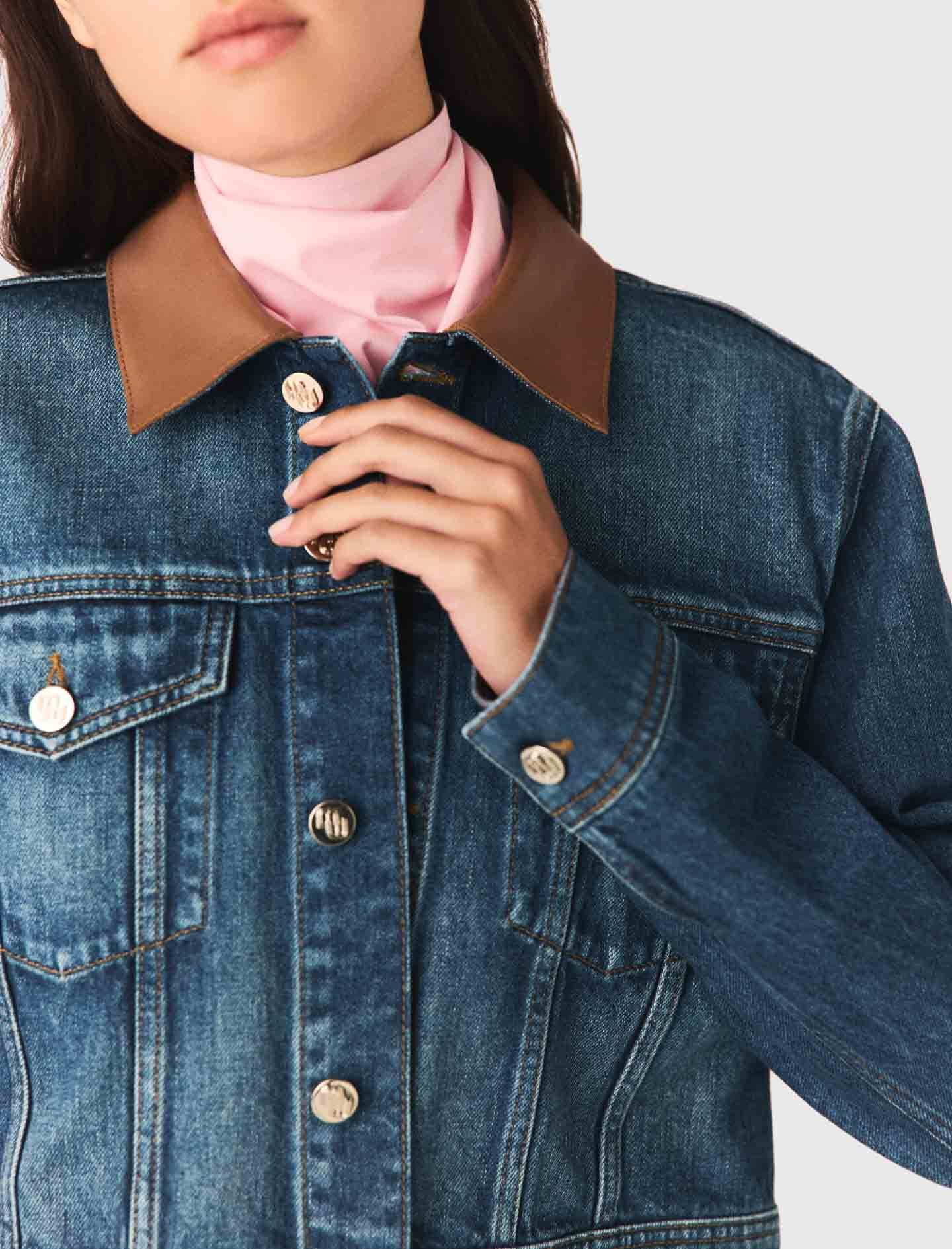 Maje Denim jacket with leather collar