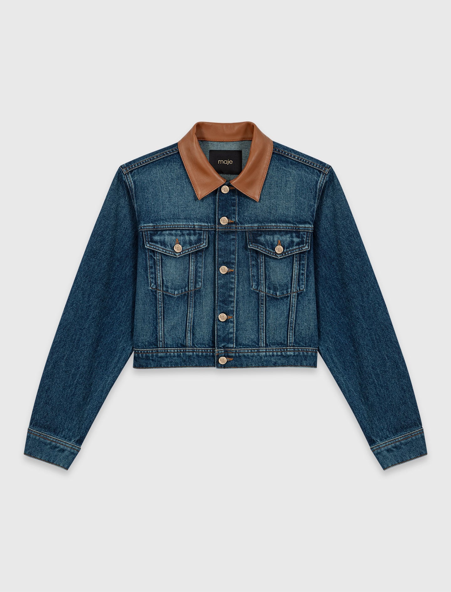 Maje Denim jacket with leather collar