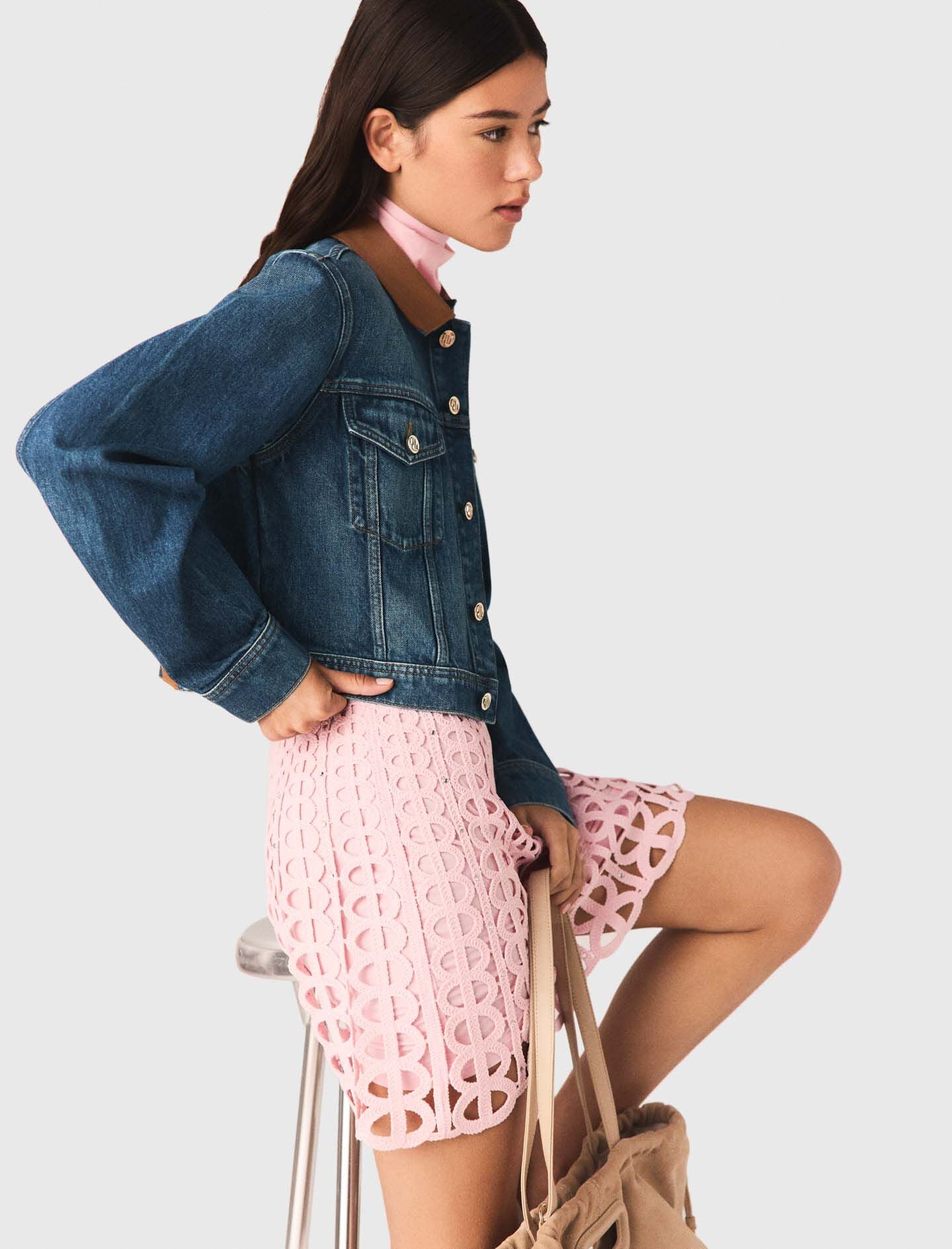 Maje Denim jacket with leather collar