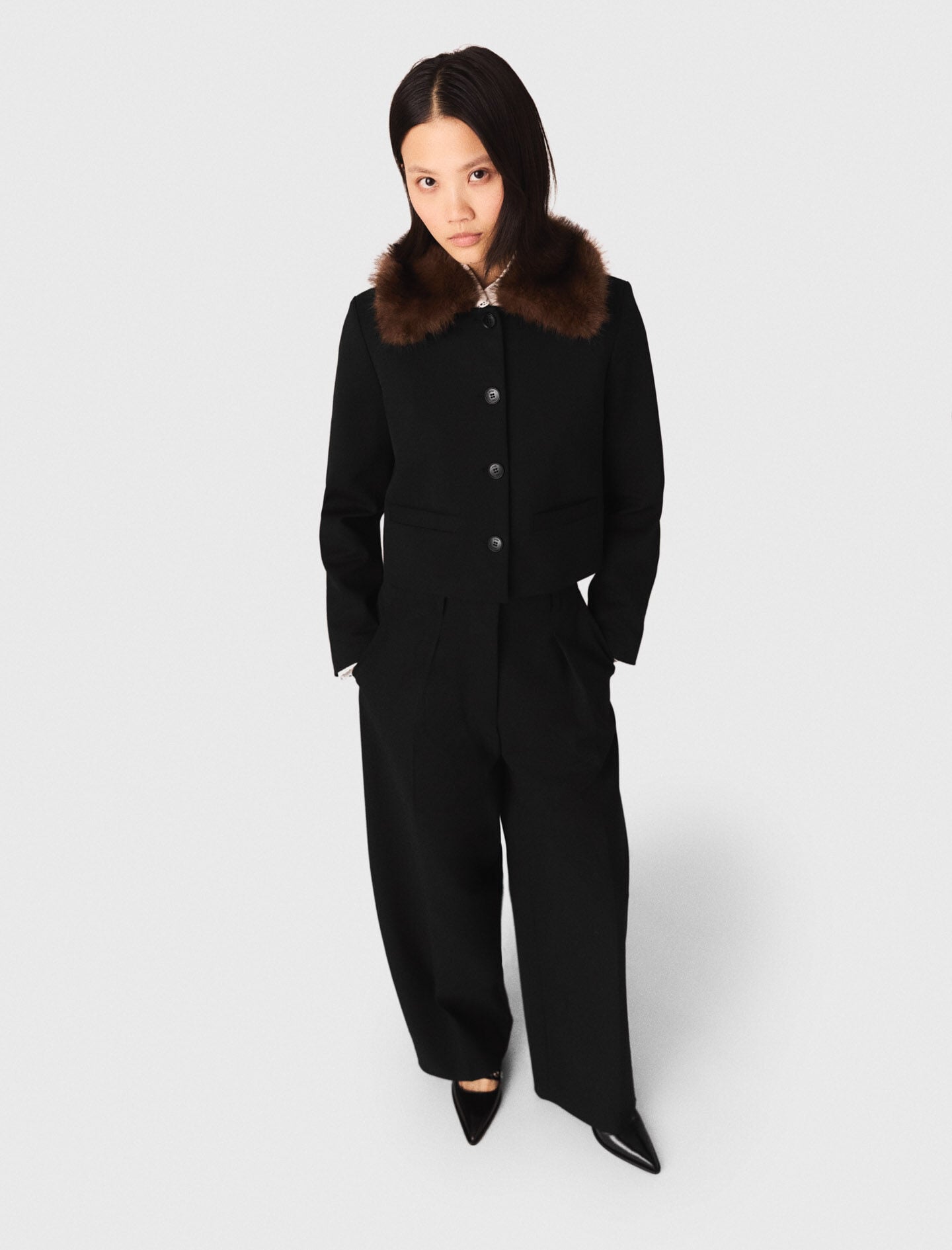 Maje Cropped jacket with removable fur collar