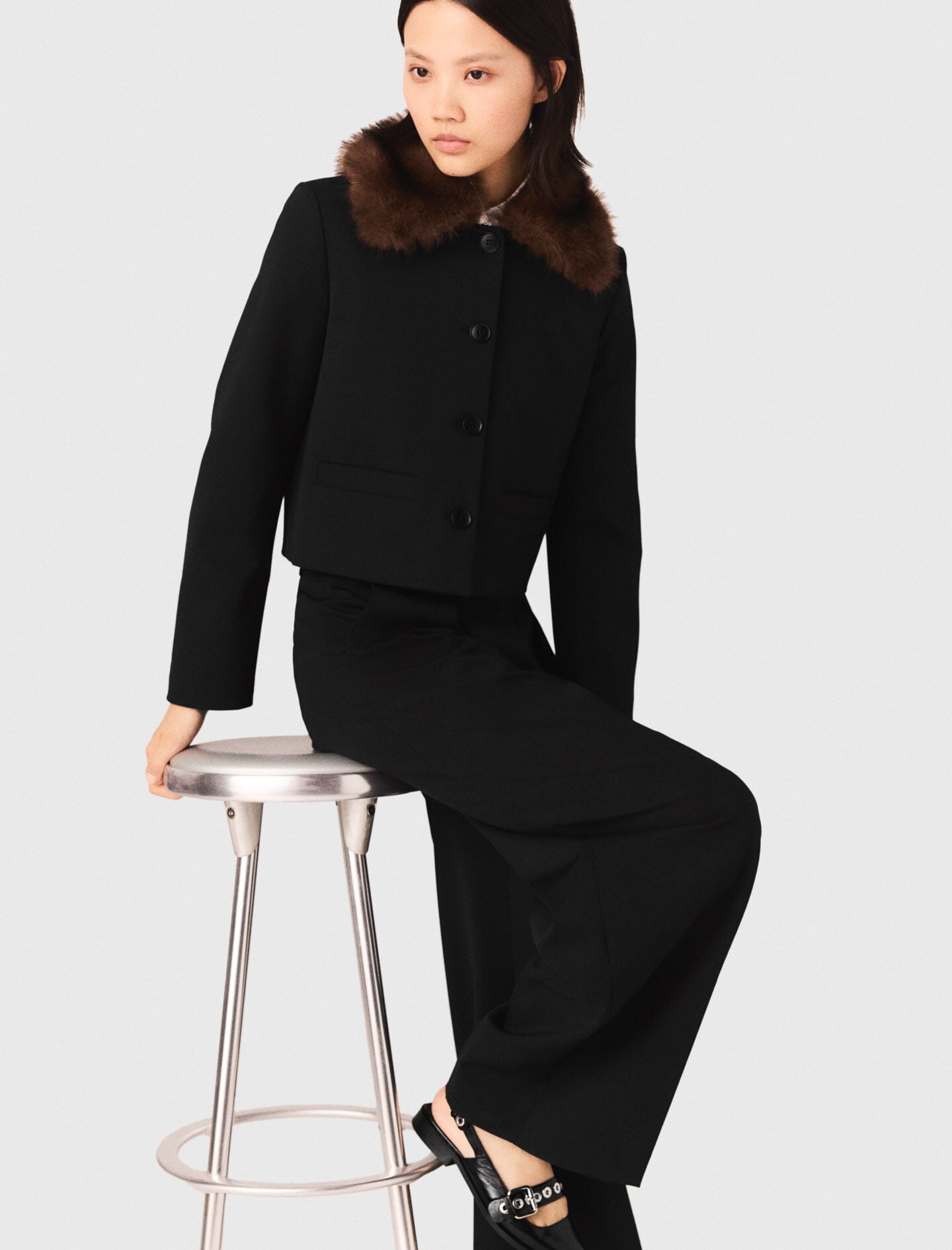 Maje Cropped jacket with removable fur collar