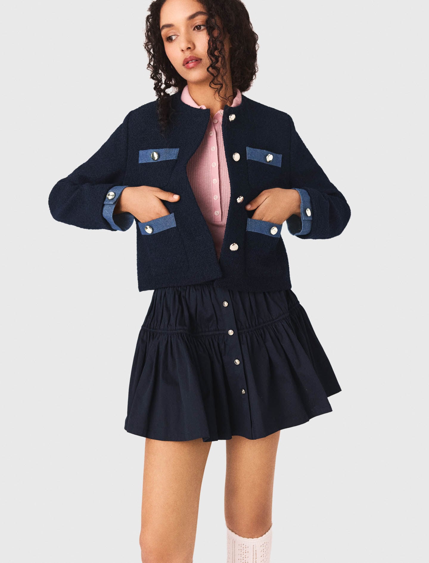 Maje Tweed jacket with denim trim