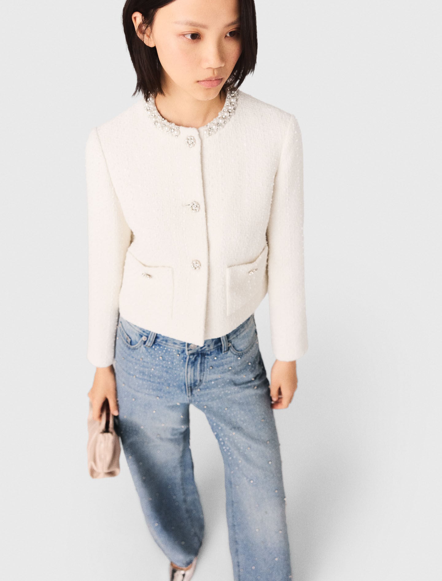 Maje Tweed jacket with pearl trim