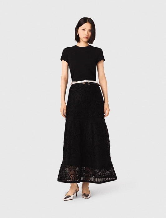 Maje Embroidered basket-weave knit skirt