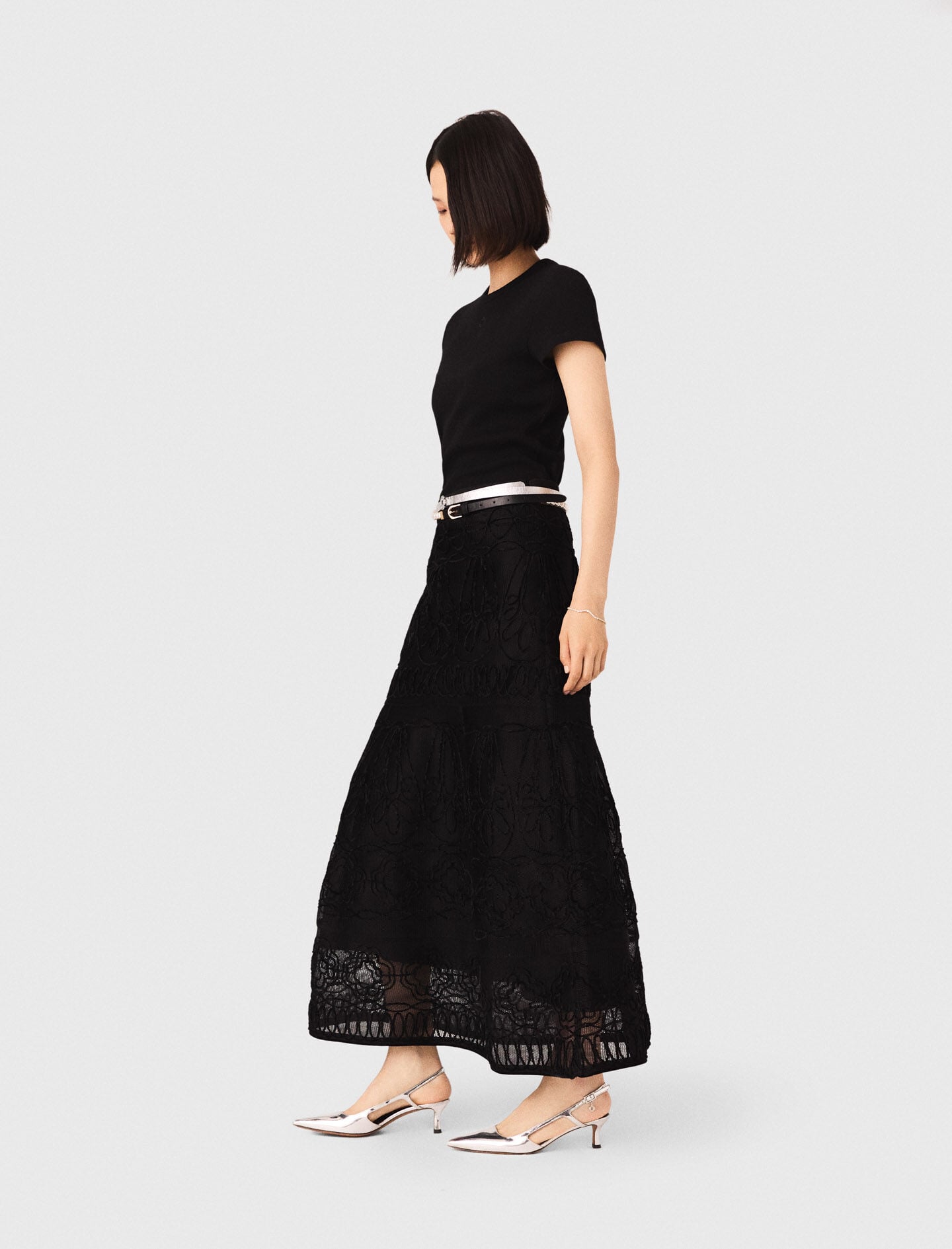 Maje Embroidered basket-weave knit skirt
