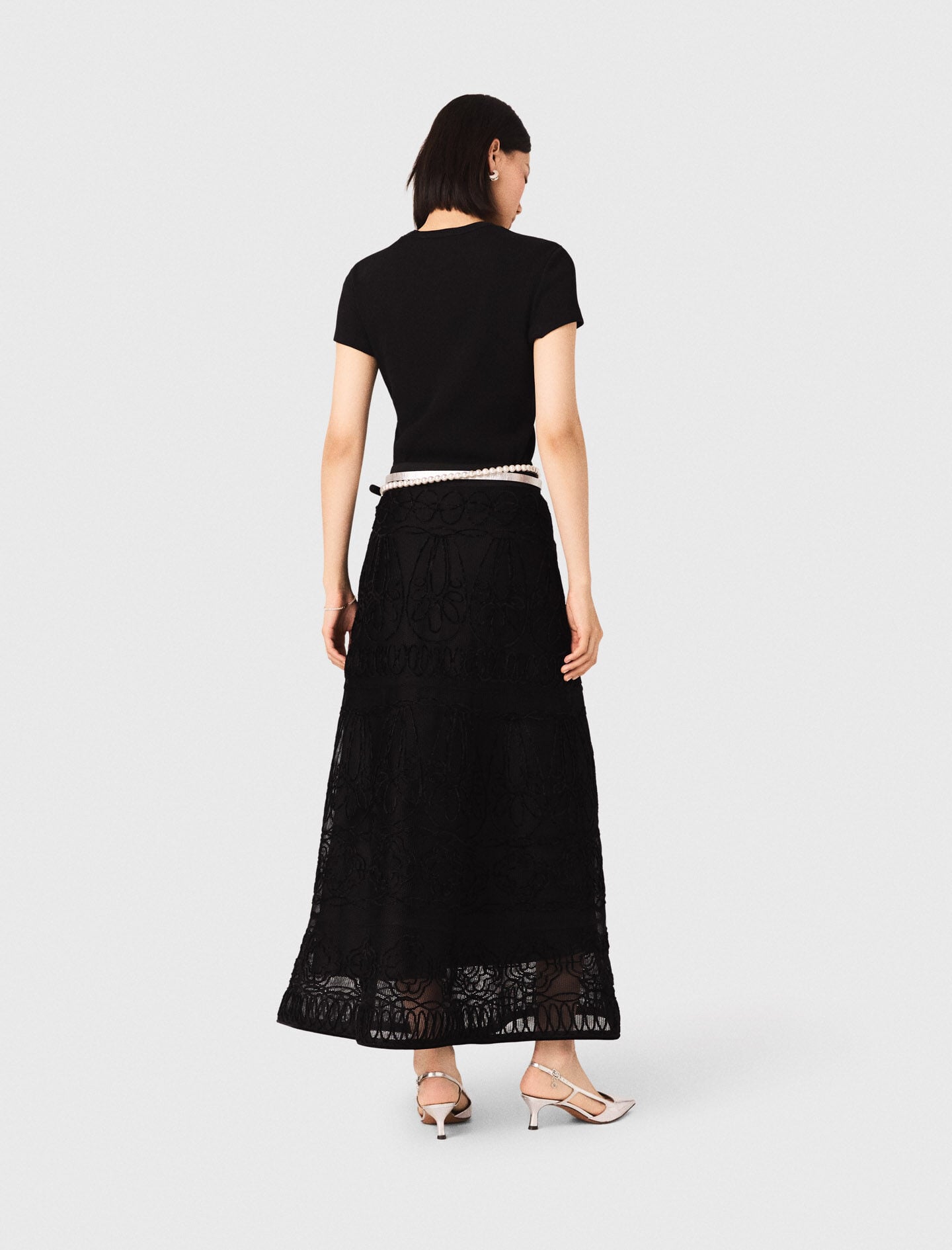 Maje Embroidered basket-weave knit skirt