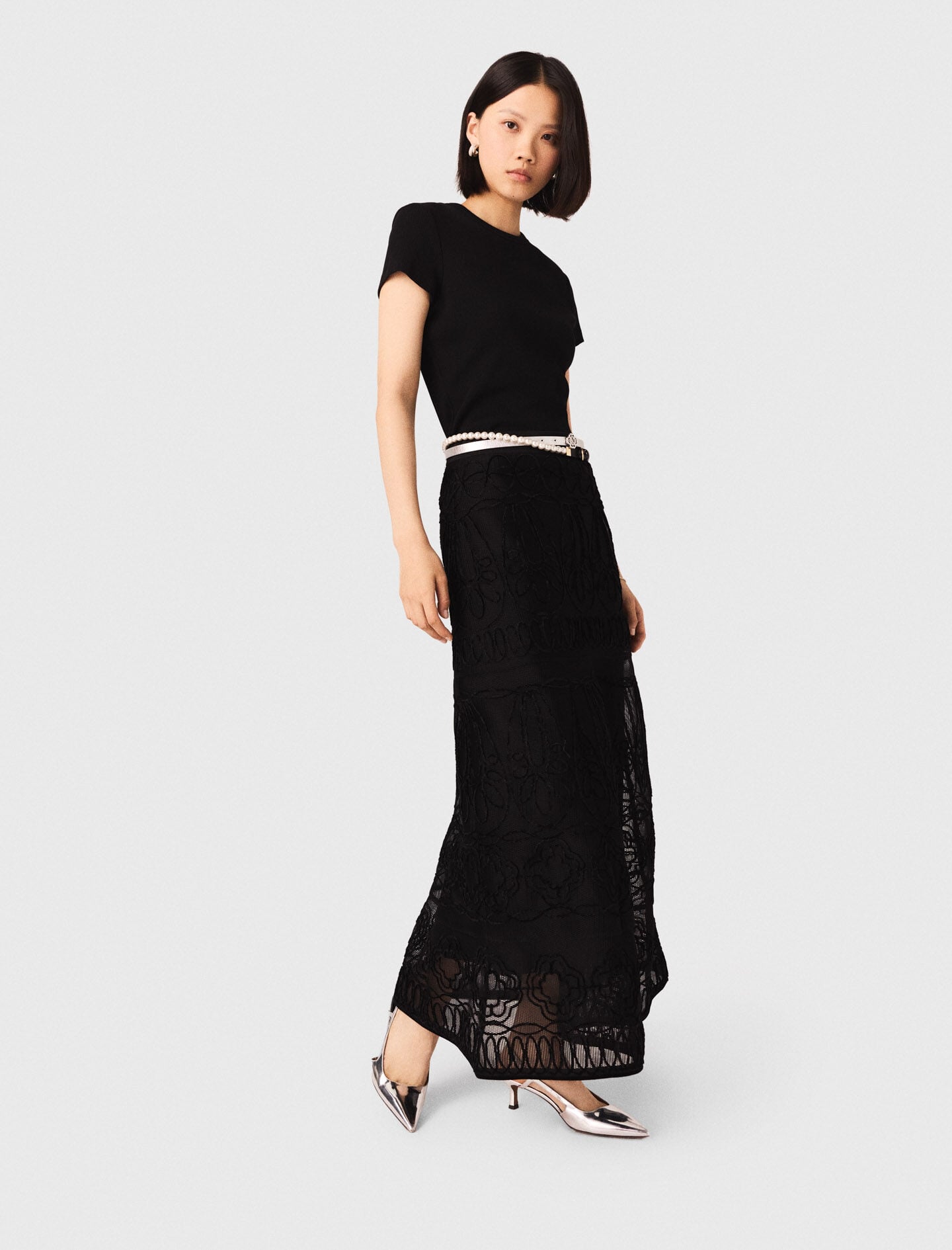 Maje Embroidered basket-weave knit skirt