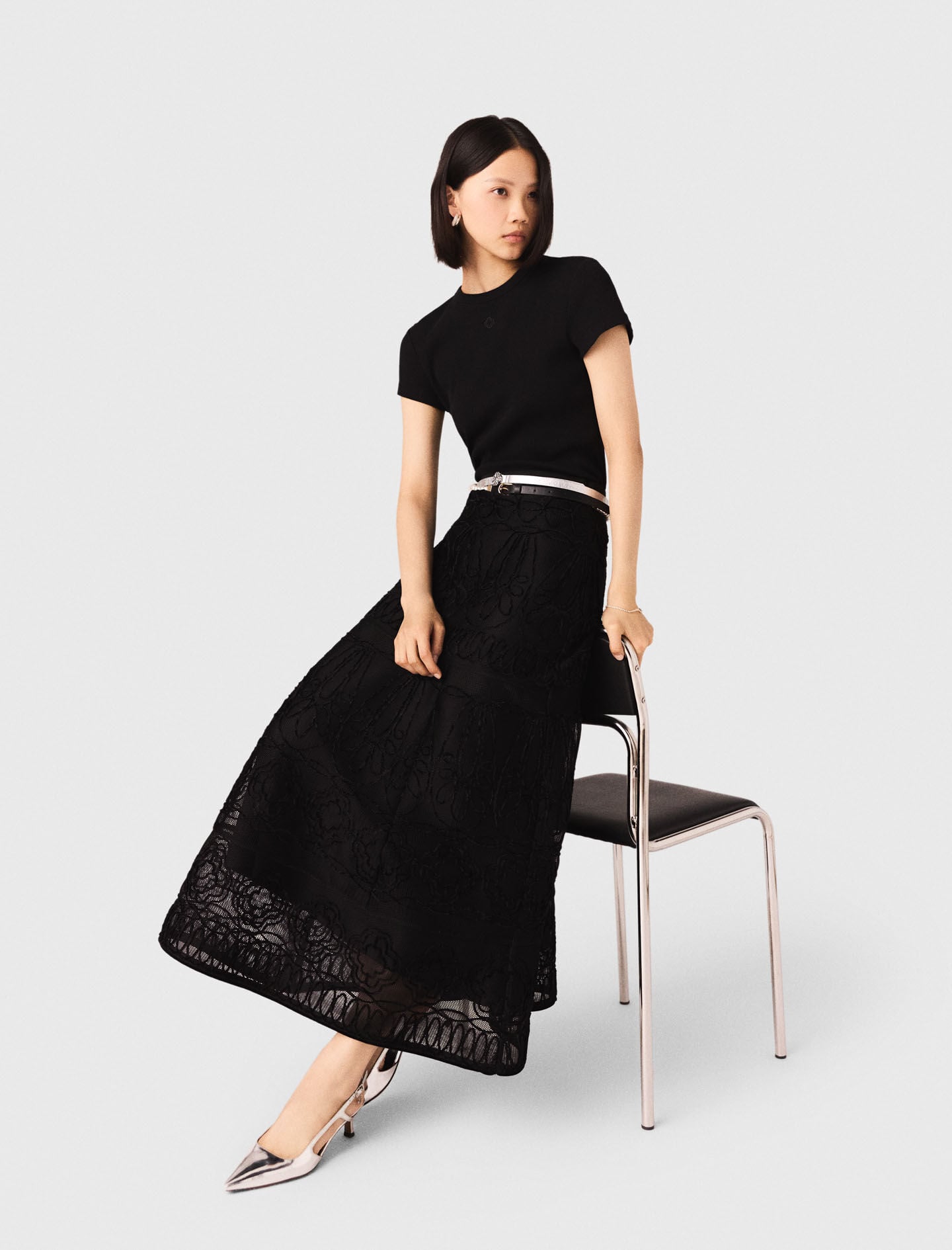 Maje Embroidered basket-weave knit skirt