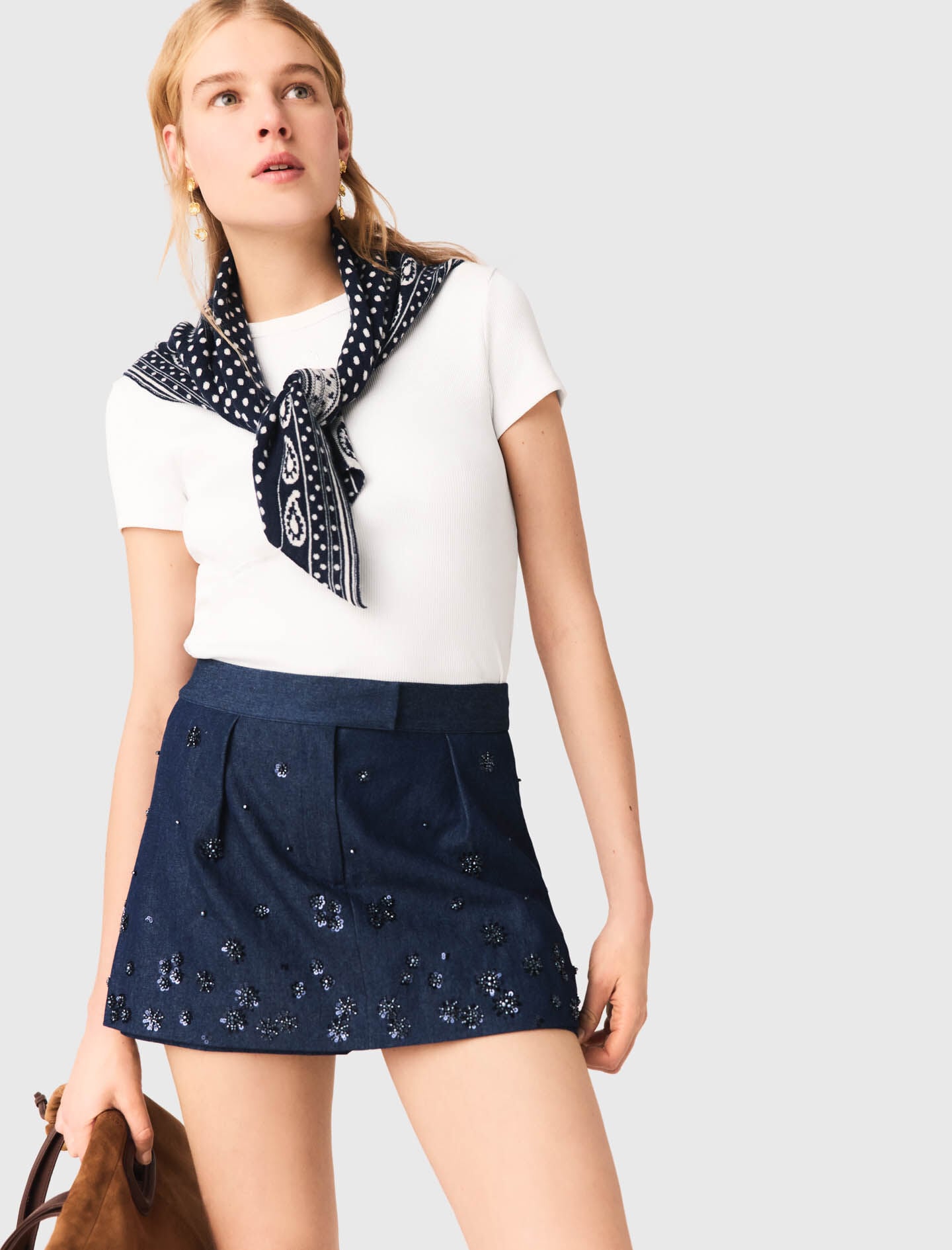 Maje Layered effect embroidered denim skort
