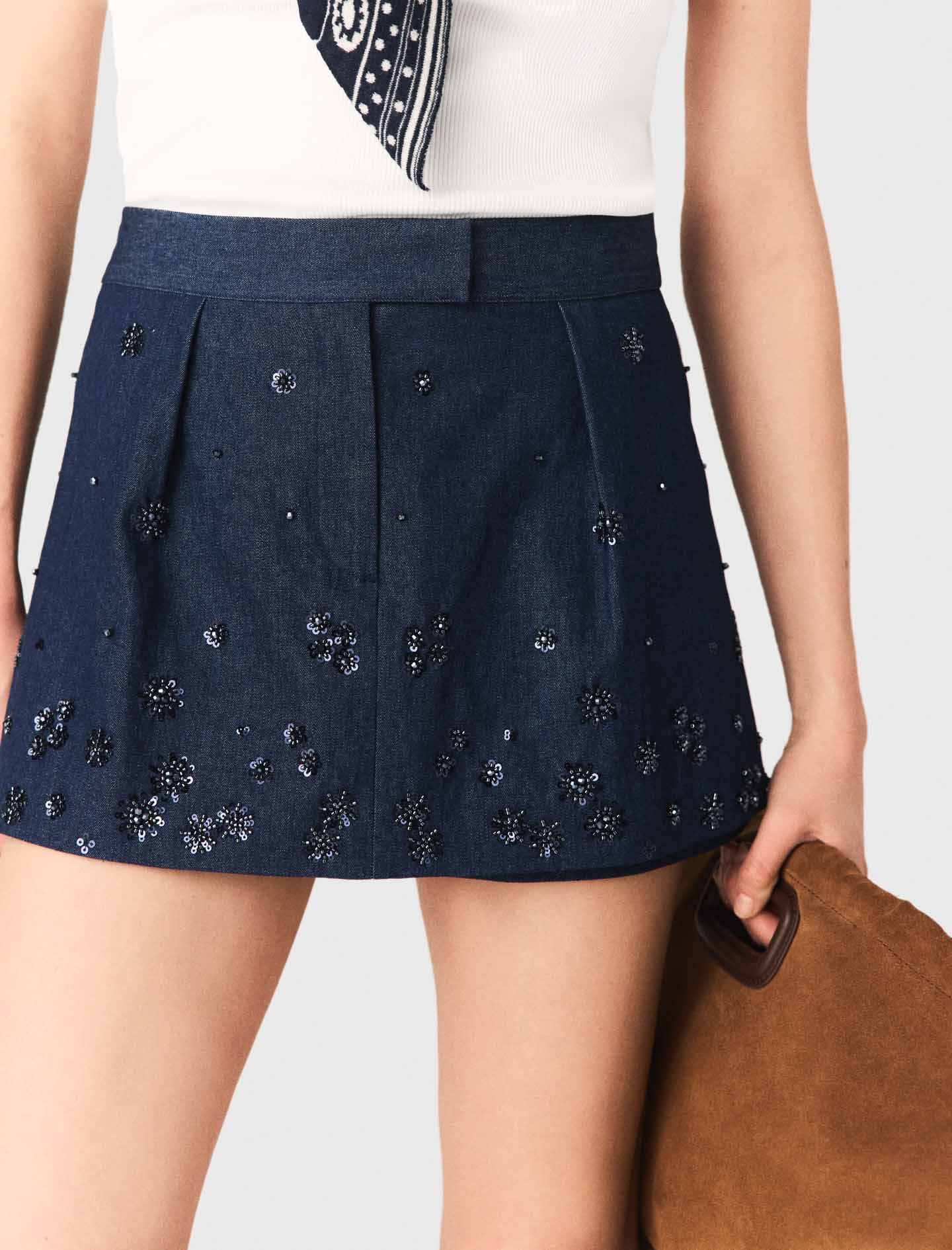 Maje Layered effect embroidered denim skort