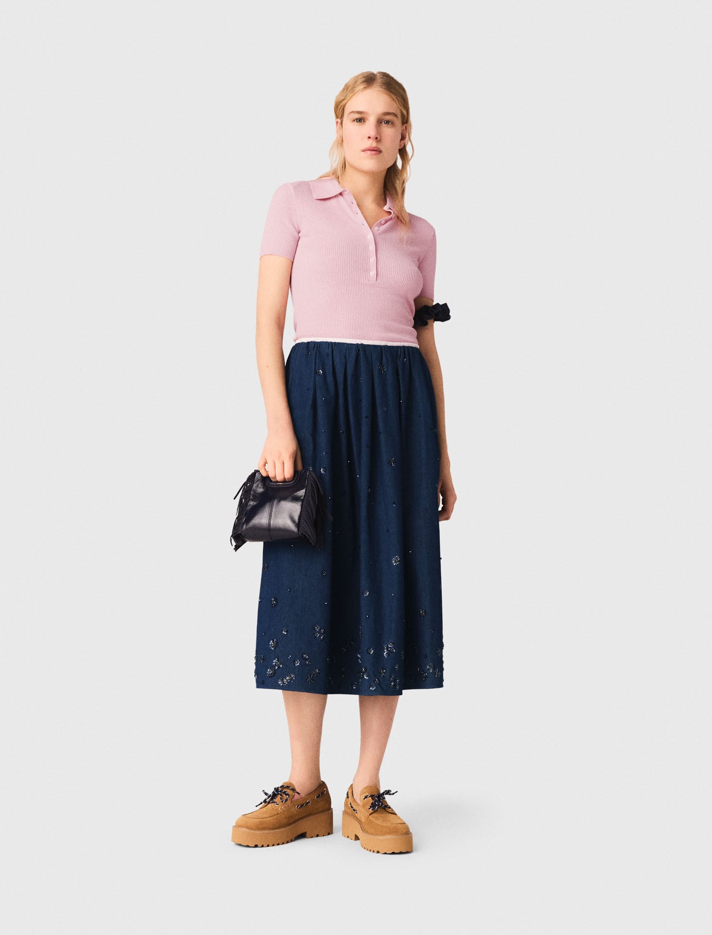 Maje Embroidered denim midi skirt