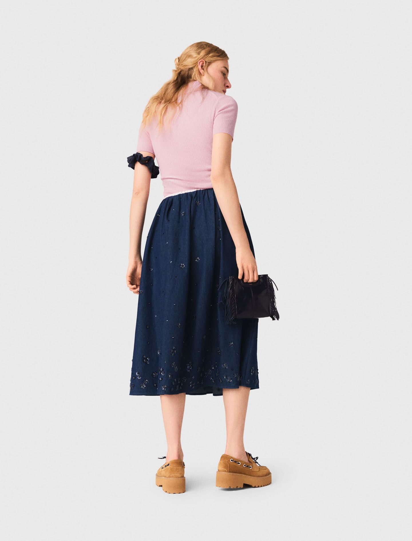 Maje Embroidered denim midi skirt