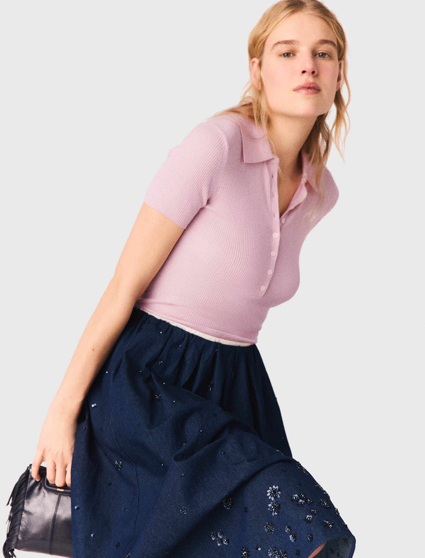 Maje Embroidered denim midi skirt
