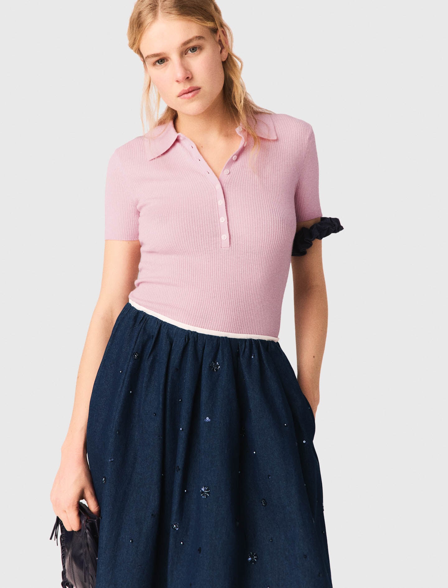 Maje Embroidered denim midi skirt