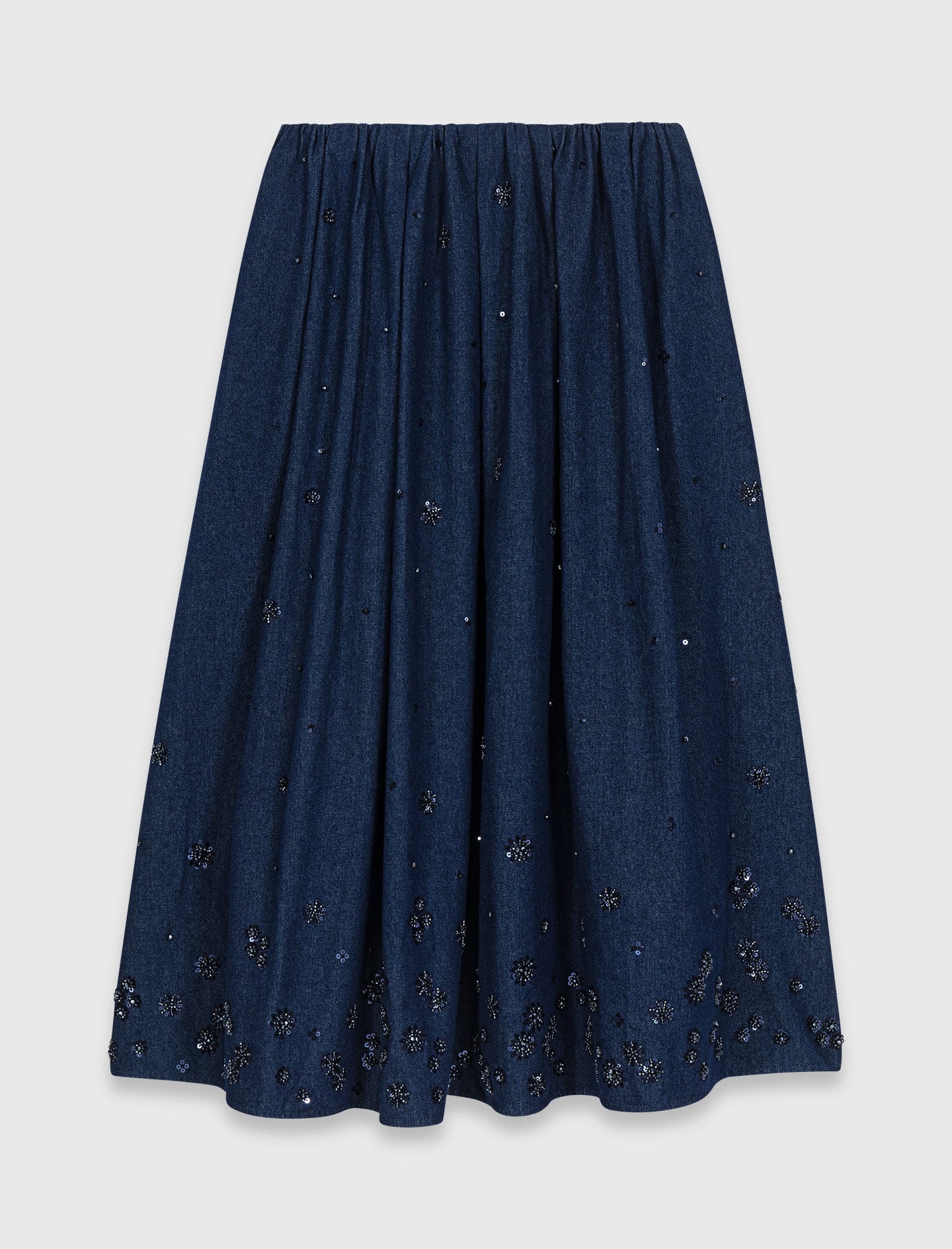 Maje Embroidered denim midi skirt