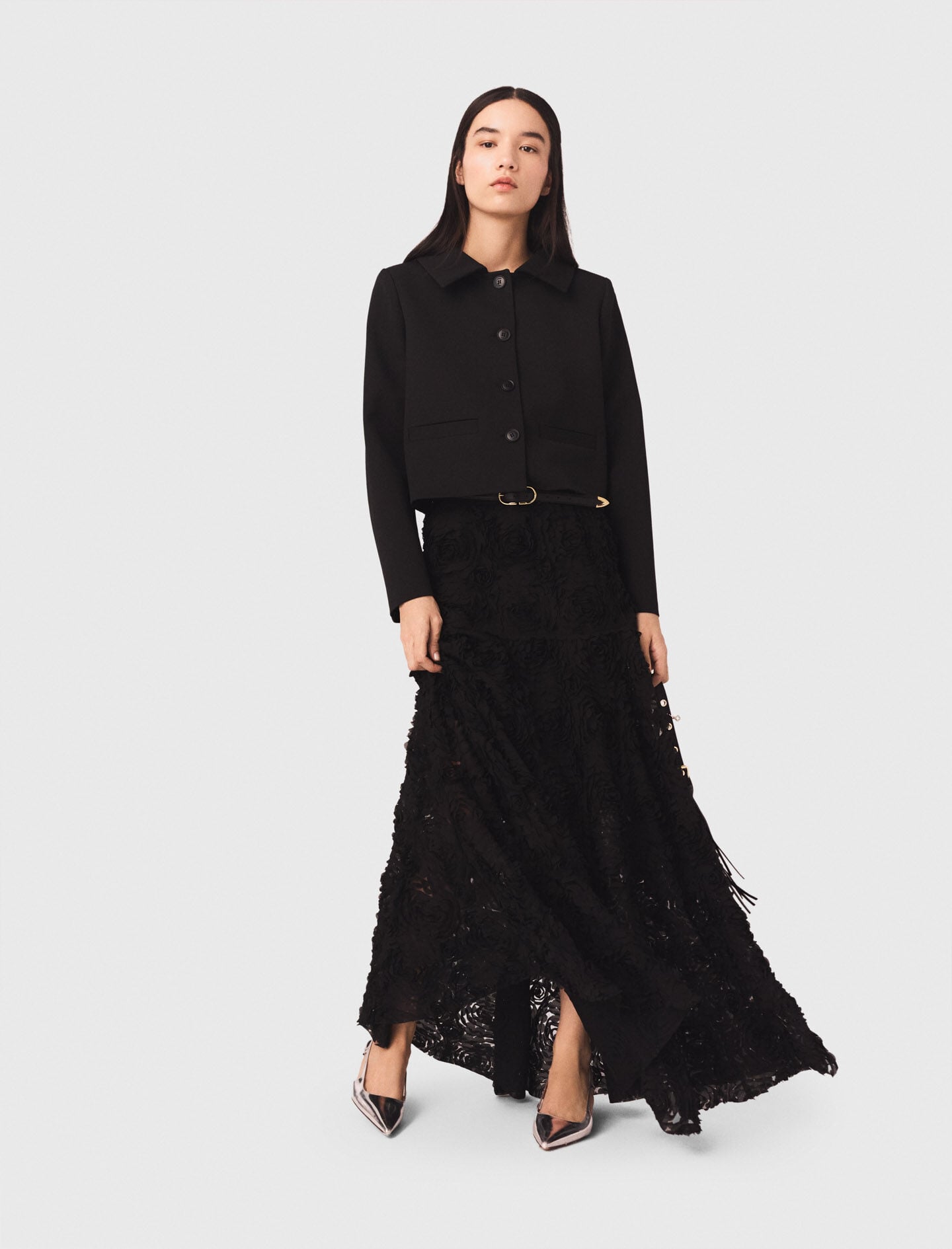 Maje Long embroidered skirt